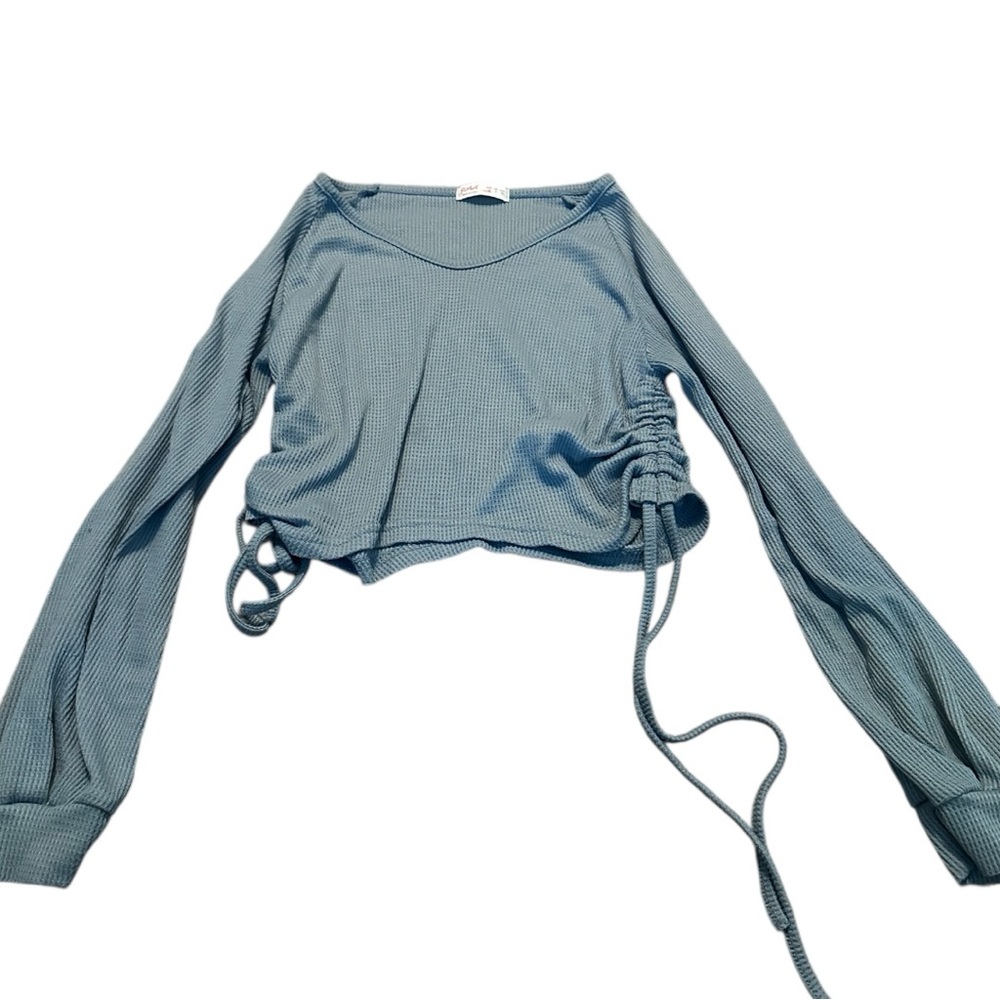 ROMWE Blue Ruched Crop Blouse with Tie Front